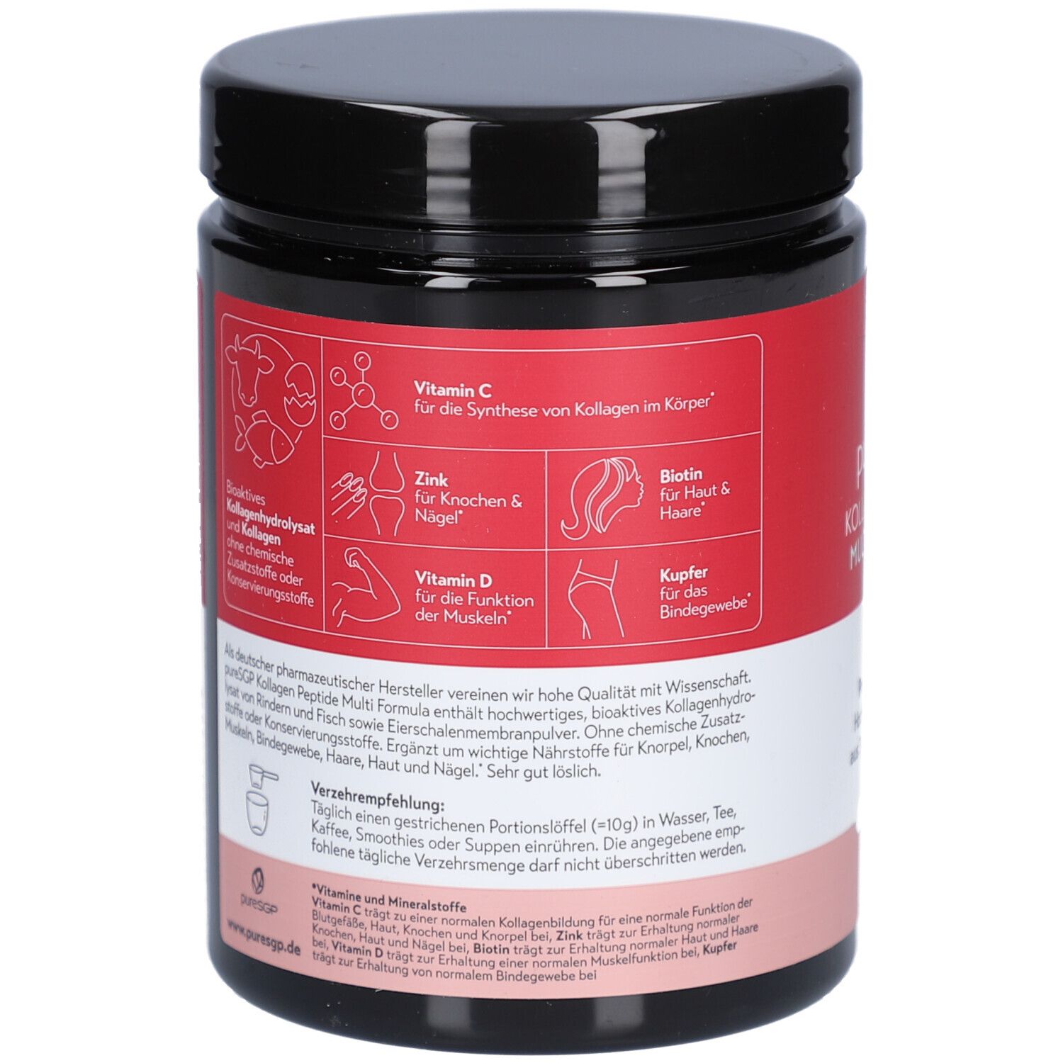 Rückseite des schwarzen Gefäßes. Rotes Etikett mit Informationen zu Vitaminen und Mineralstoffen. Enthält Informationen zu Inhaltsstoffen.