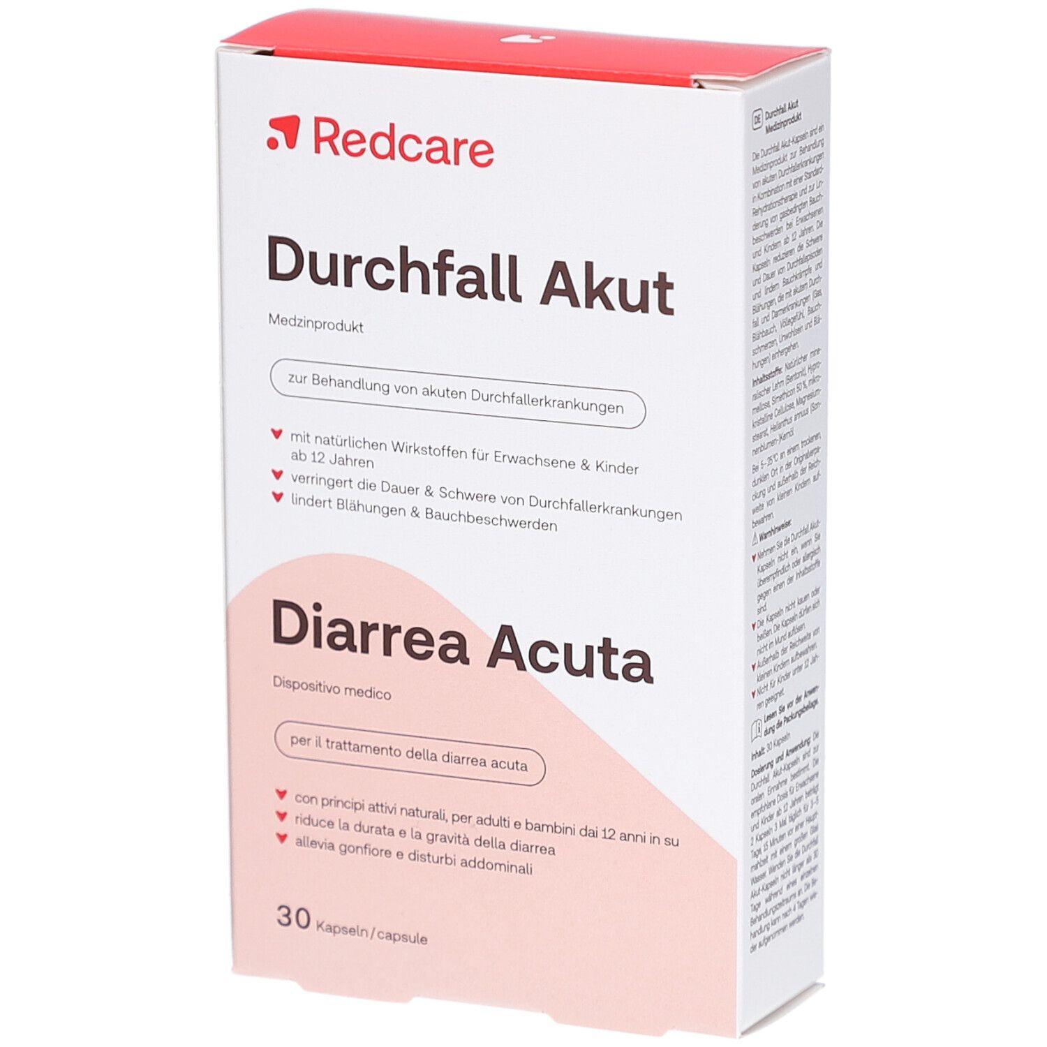 Weißer Karton mit rotem Logo "Redcare". Aufschrift "Durchfall Akut" und "Diarrhea Acuta". 30 Kapseln.