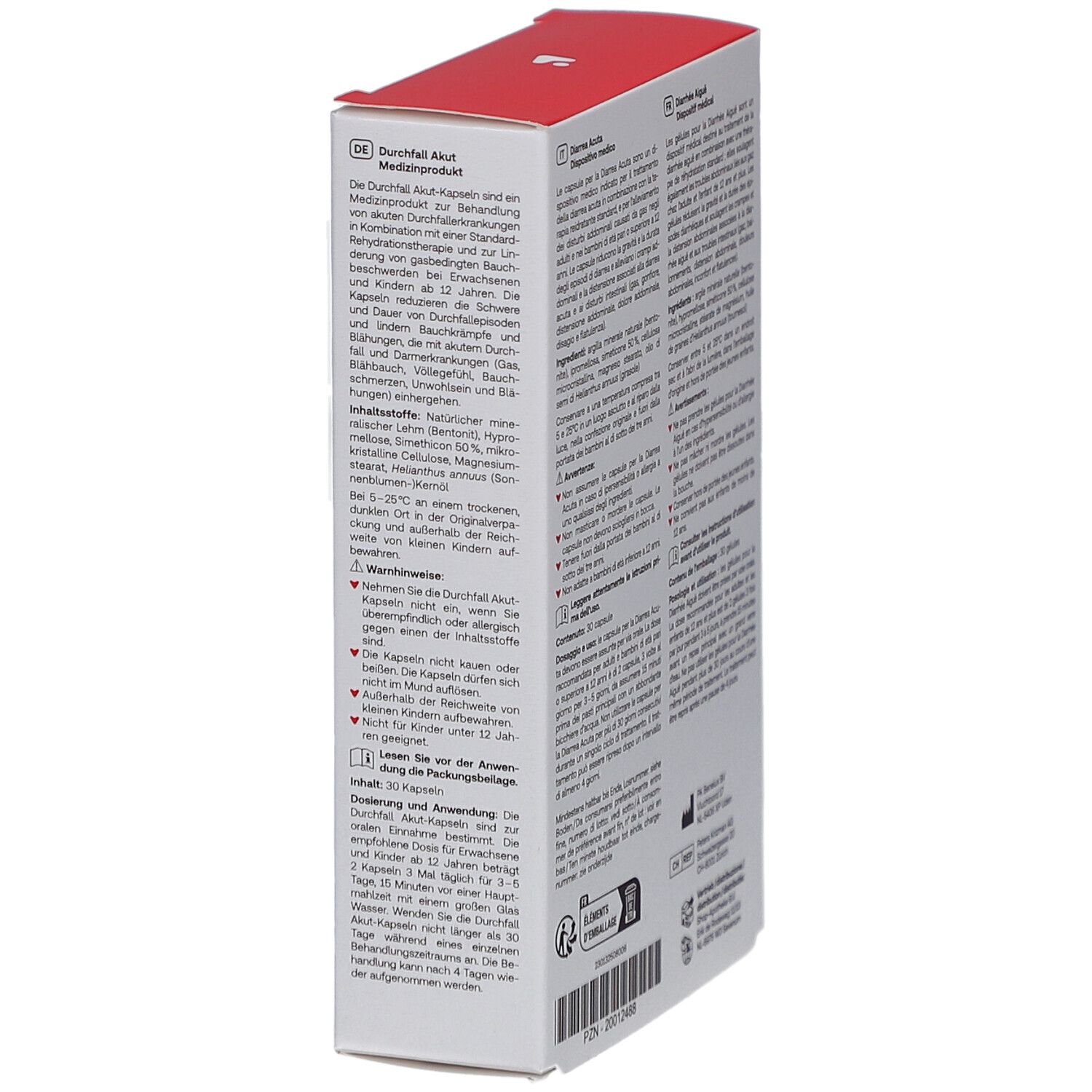 Weißer Karton mit rotem Logo "Redcare". Aufschrift "Durchfall Akut" und "Diarrhea Acuta". 30 Kapseln.