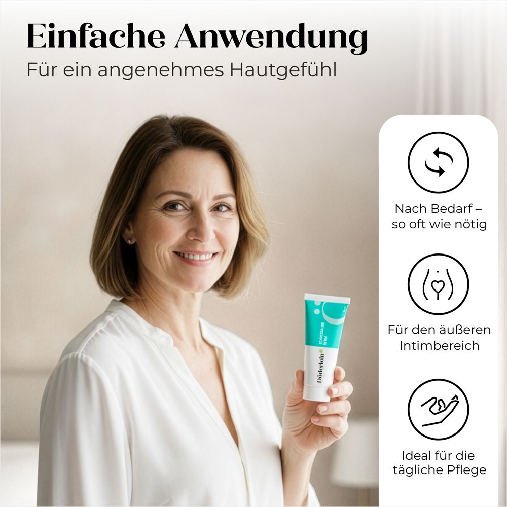 Frau hält Tube. Text: Einfache Anwendung. Nach Bedarf, für den äußeren Intimbereich, ideal für die tägliche Pflege. 75ml.
