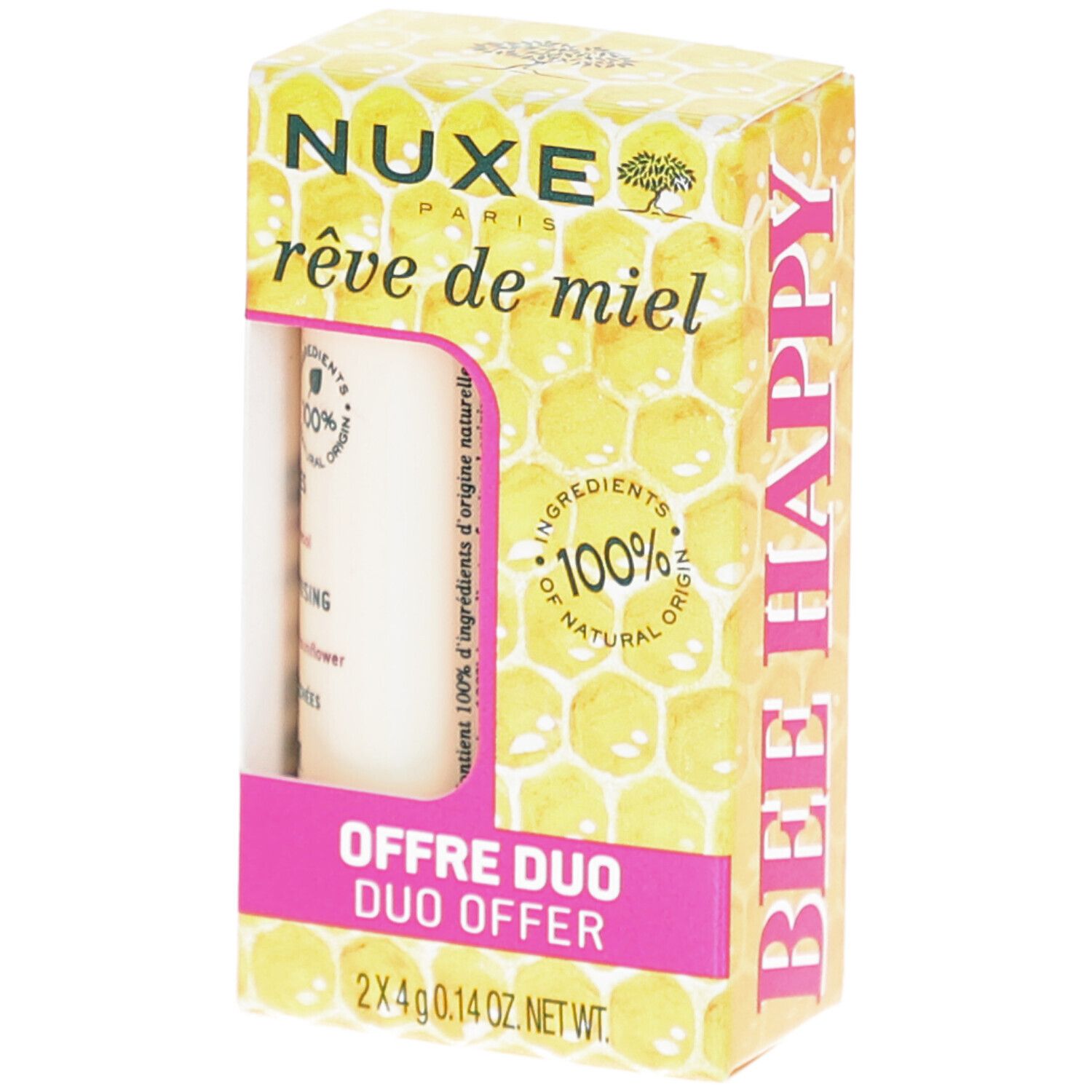 Offre duo de NUXE Rêve de Miel. Boîte avec motif en nid d'abeilles. Contient deux sticks. Ingrédients 100% d'origine naturelle.