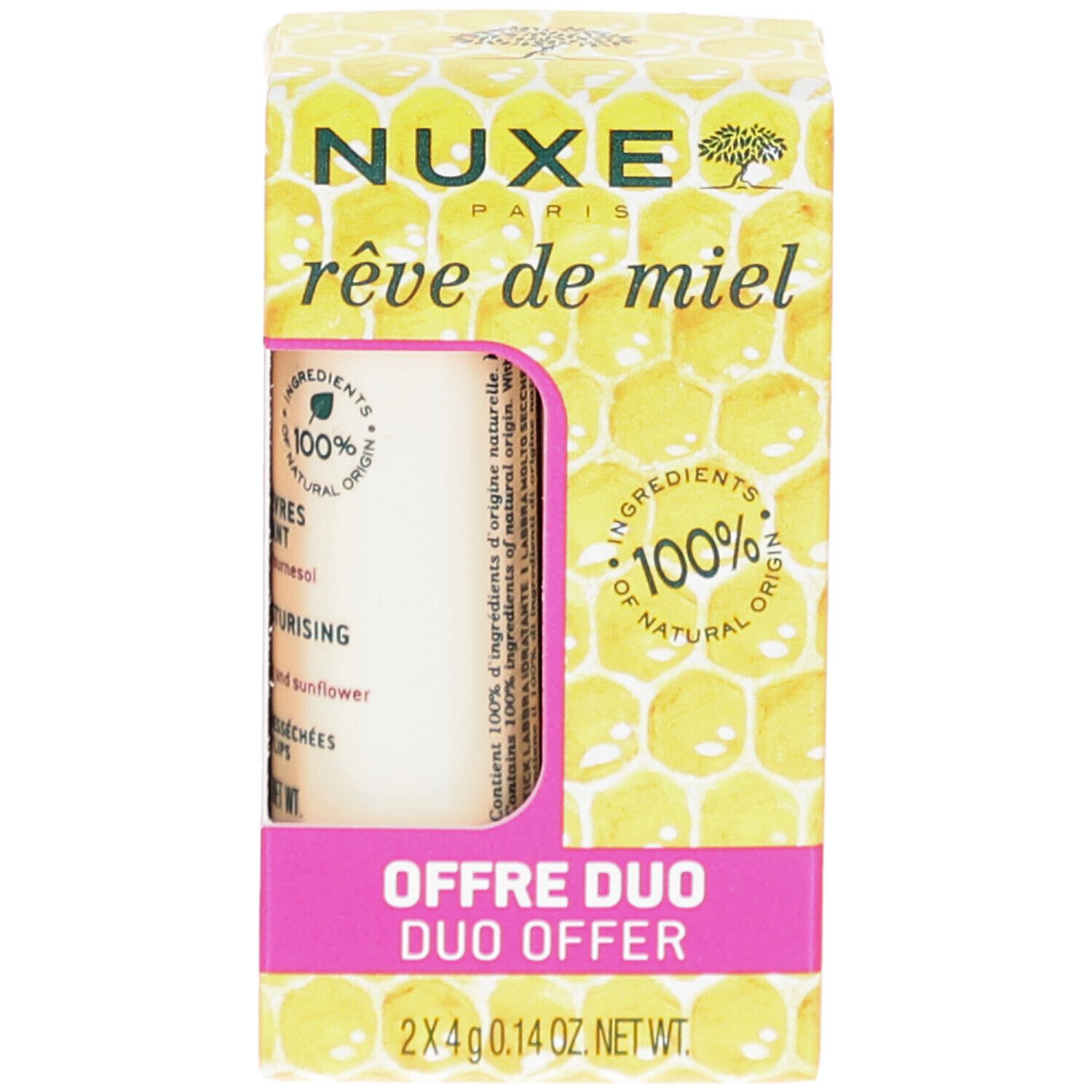 Offre duo de NUXE Rêve de Miel. Boîte avec motif en nid d'abeilles. Deux sticks visibles. Ingrédients 100% naturels.
