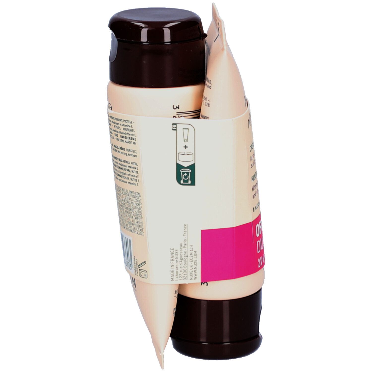 Zwei Tuben Hand- und Nagelcreme, verbunden durch einen Pappstreifen. Rückseite mit Text und Symbolen.