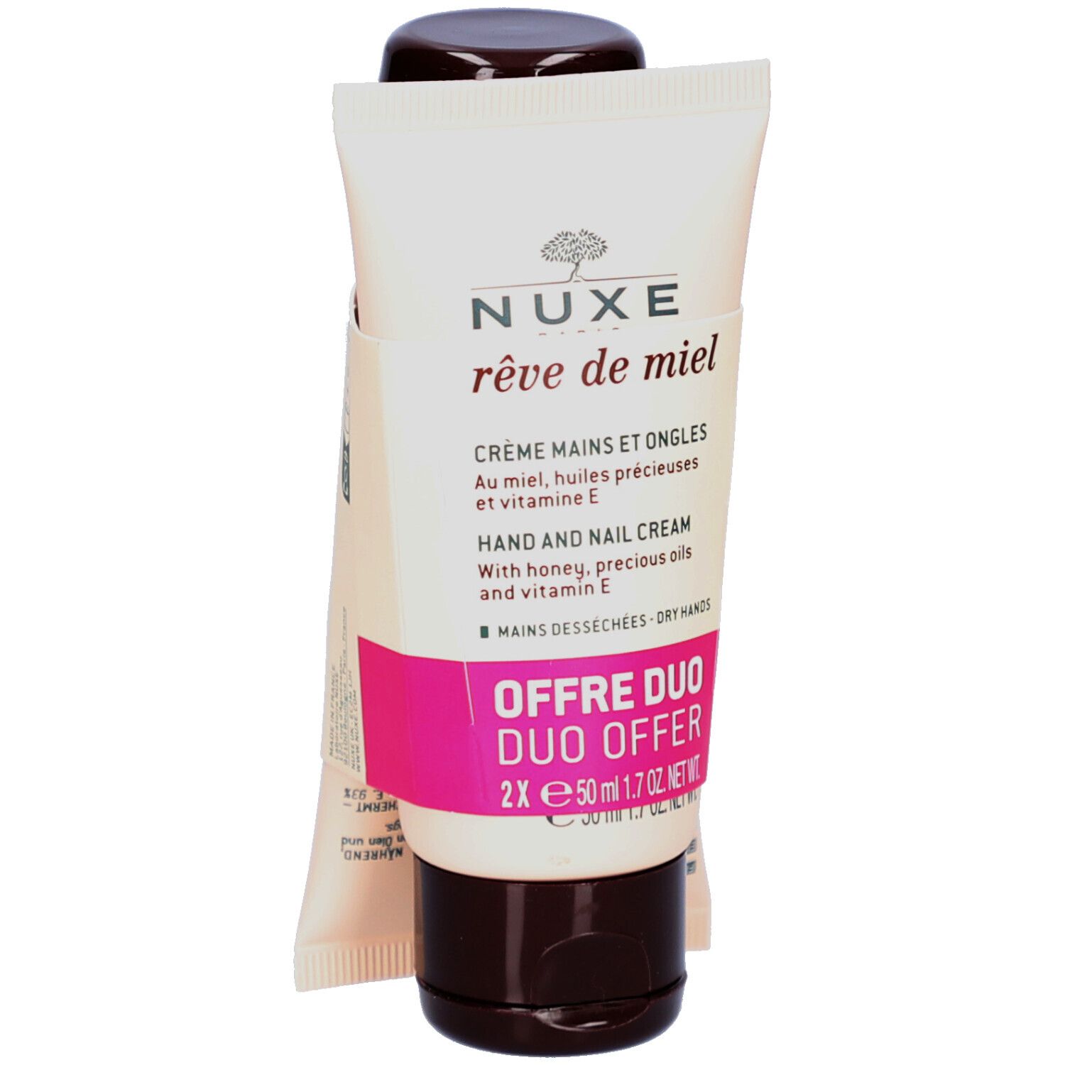 Hand- und Nagelcreme-Duo. Zwei Tuben mit braunen Verschlüssen. Aufschrift: NUXE, Crème Mains et Ongles, Duo Offer.
