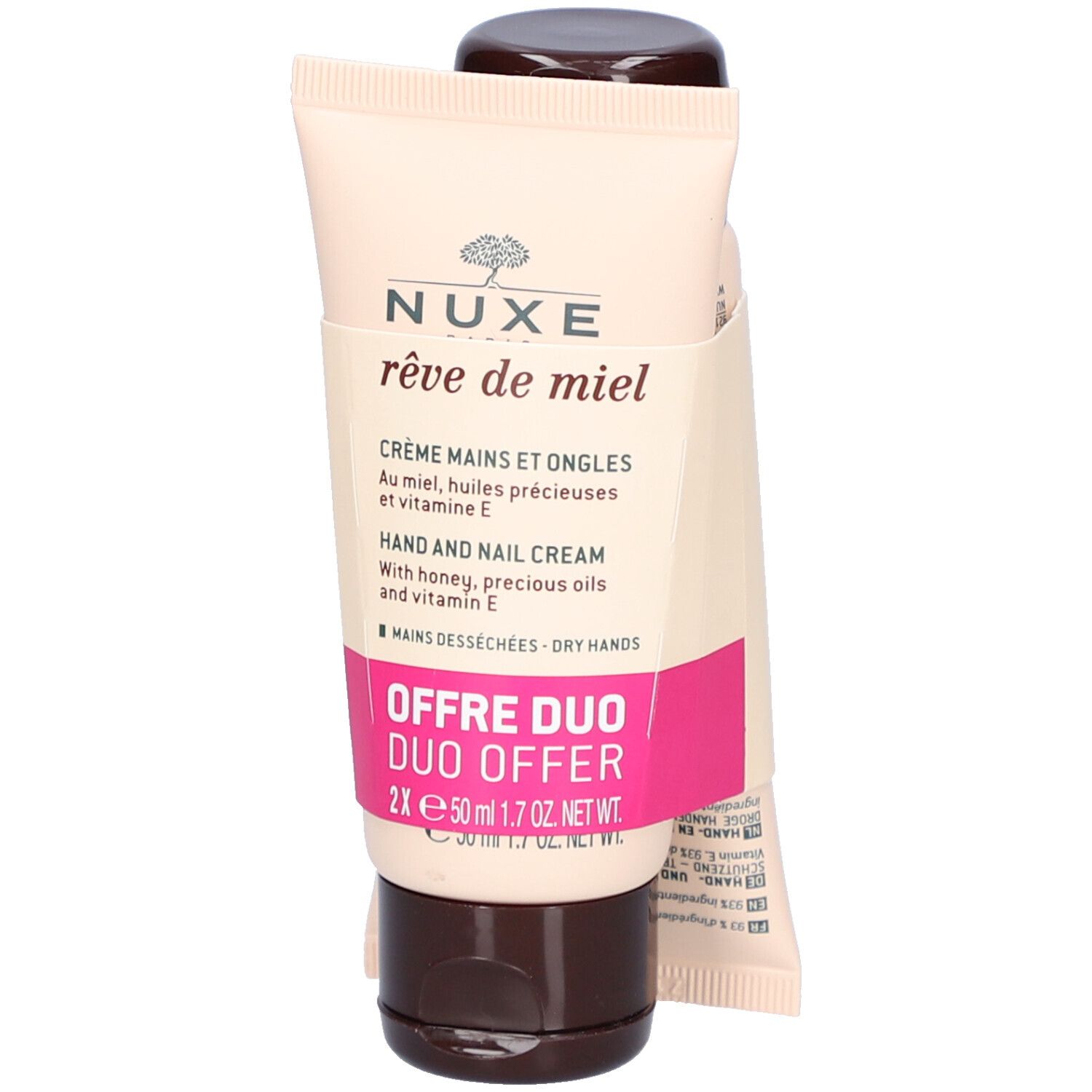 Hand- und Nagelcreme-Duo. Zwei Tuben mit braunen Verschlüssen. Aufschrift: NUXE, Crème Mains et Ongles, Duo Offer.