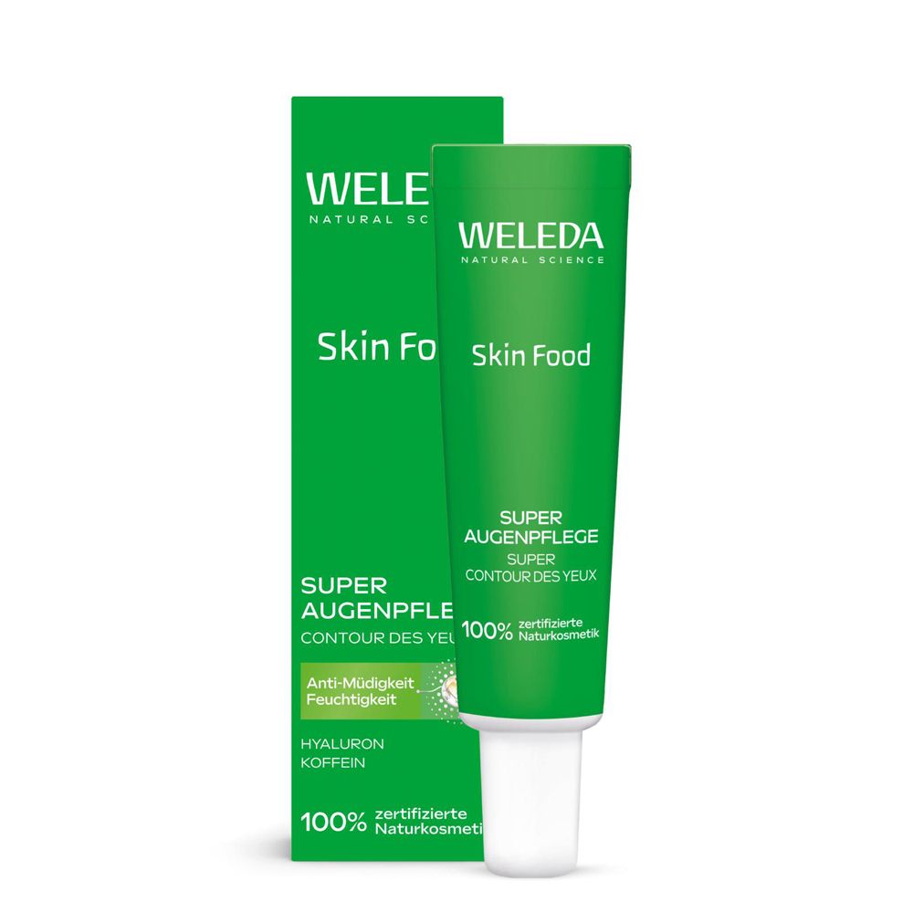 Grüne Tube und Verpackung. Aufschrift: WELEDA, Skin Food, Super Augenpflege. 100% zertifizierte Naturkosmetik.
