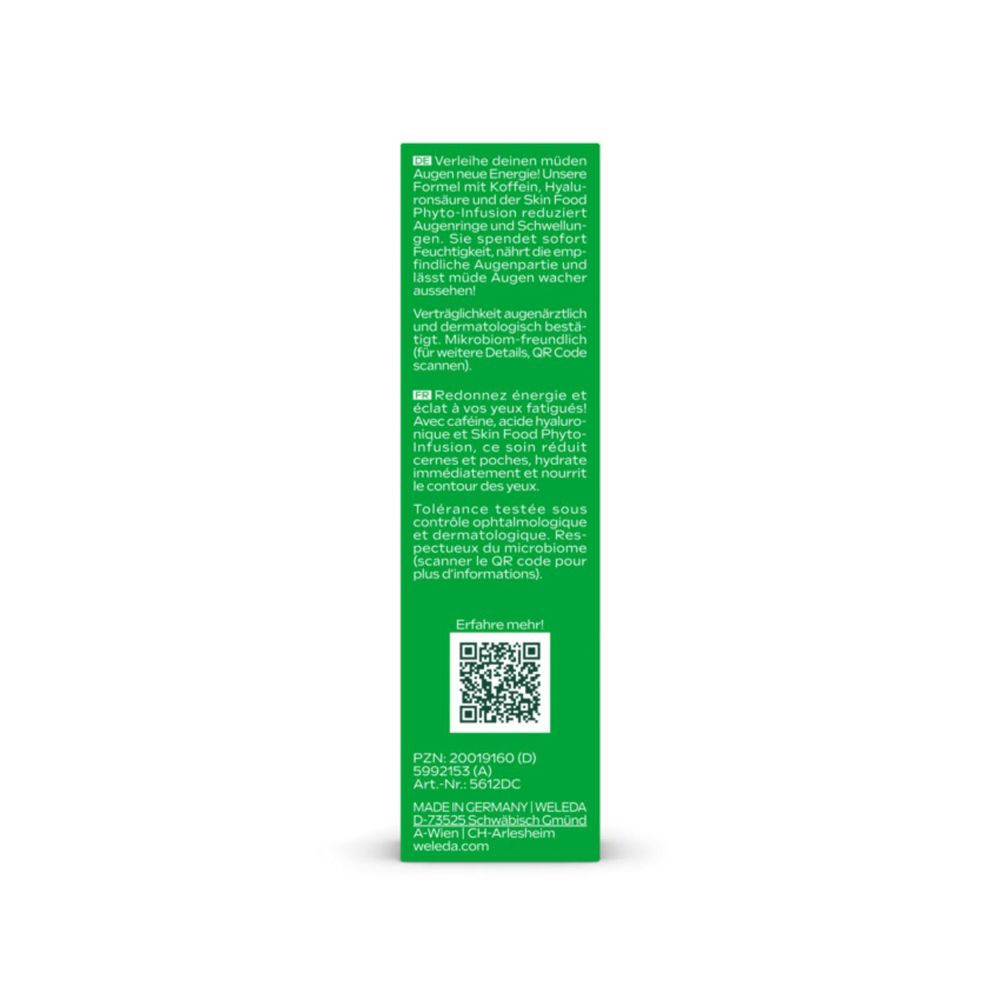 Grüne Verpackung mit Text. QR-Code. Text in Deutsch und Französisch. Hergestellt in Deutschland. Weleda.