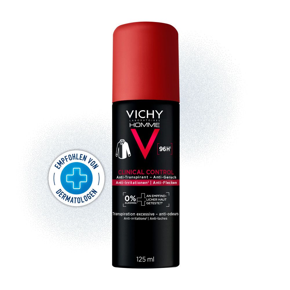 Schwarze Sprühflasche mit rotem Deckel. Vichy Homme Logo und Schriftzug. 96H Clinical Control. 125 ml.