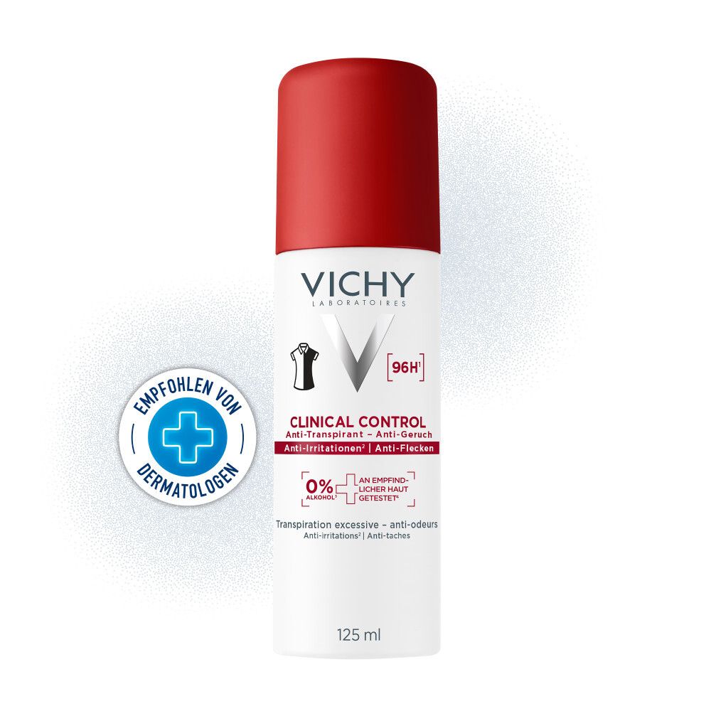 Vichy Clinical Control Deo Spray. Weißes Spray mit rotem Deckel. Logo und Text. Dermatologisch getestet.