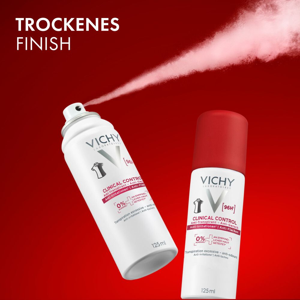 Zwei Vichy Clinical Control Deo Sprays. Weiß mit rotem Deckel. Text: Trockenes Finish. Roter Hintergrund.