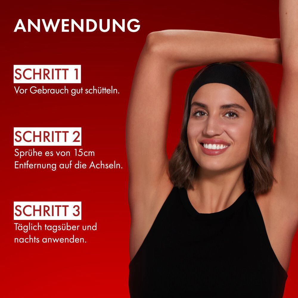 Frau sprüht Achsel mit Vichy Deo Spray. Text: Anwendung. Schritt 1-3. Schwarzes Top. Roter Hintergrund.