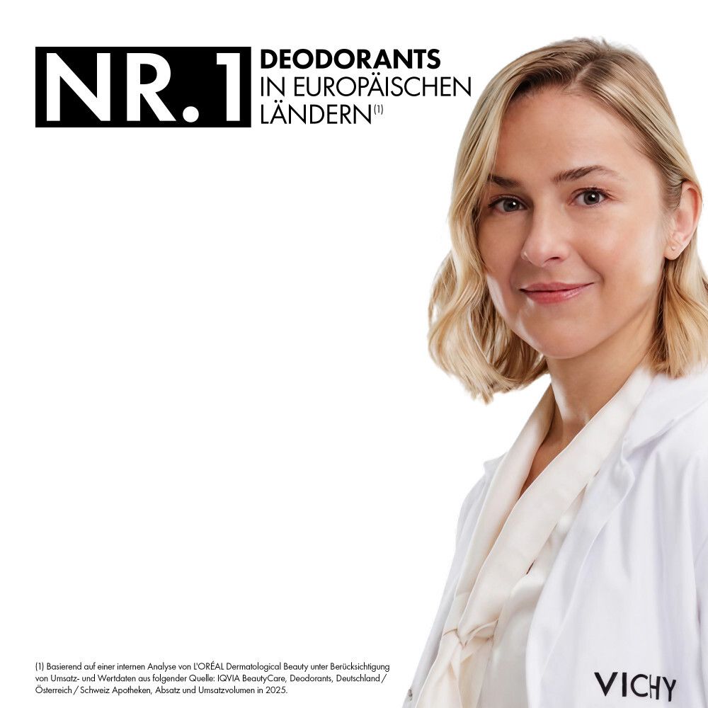 Frau im weißen Kittel. Text: Nr. 1 Deodorants in europäischen Ländern. Vichy Logo.