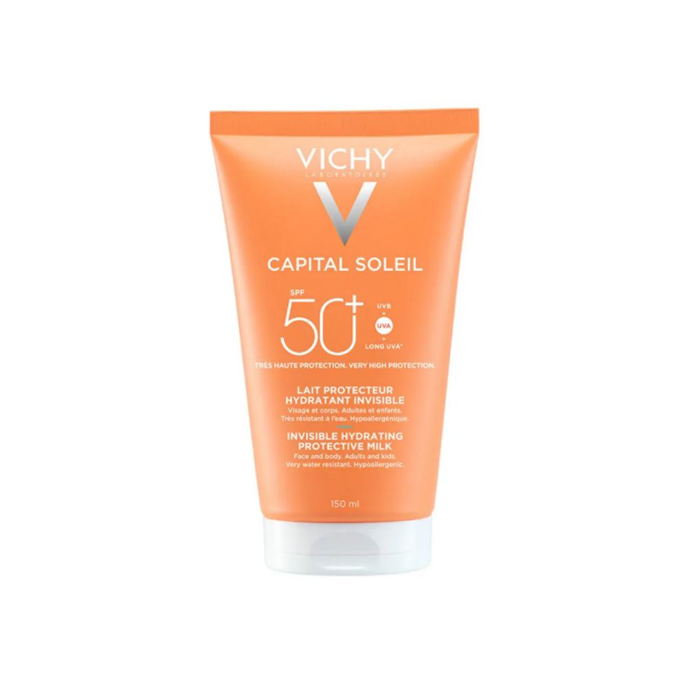 Orange Tube mit weißem Deckel. Aufschrift: Vichy, Capital Soleil SPF 50+, Lait Protecteur Hydratant Invisible, Invisible Hydrating Protective Milk.