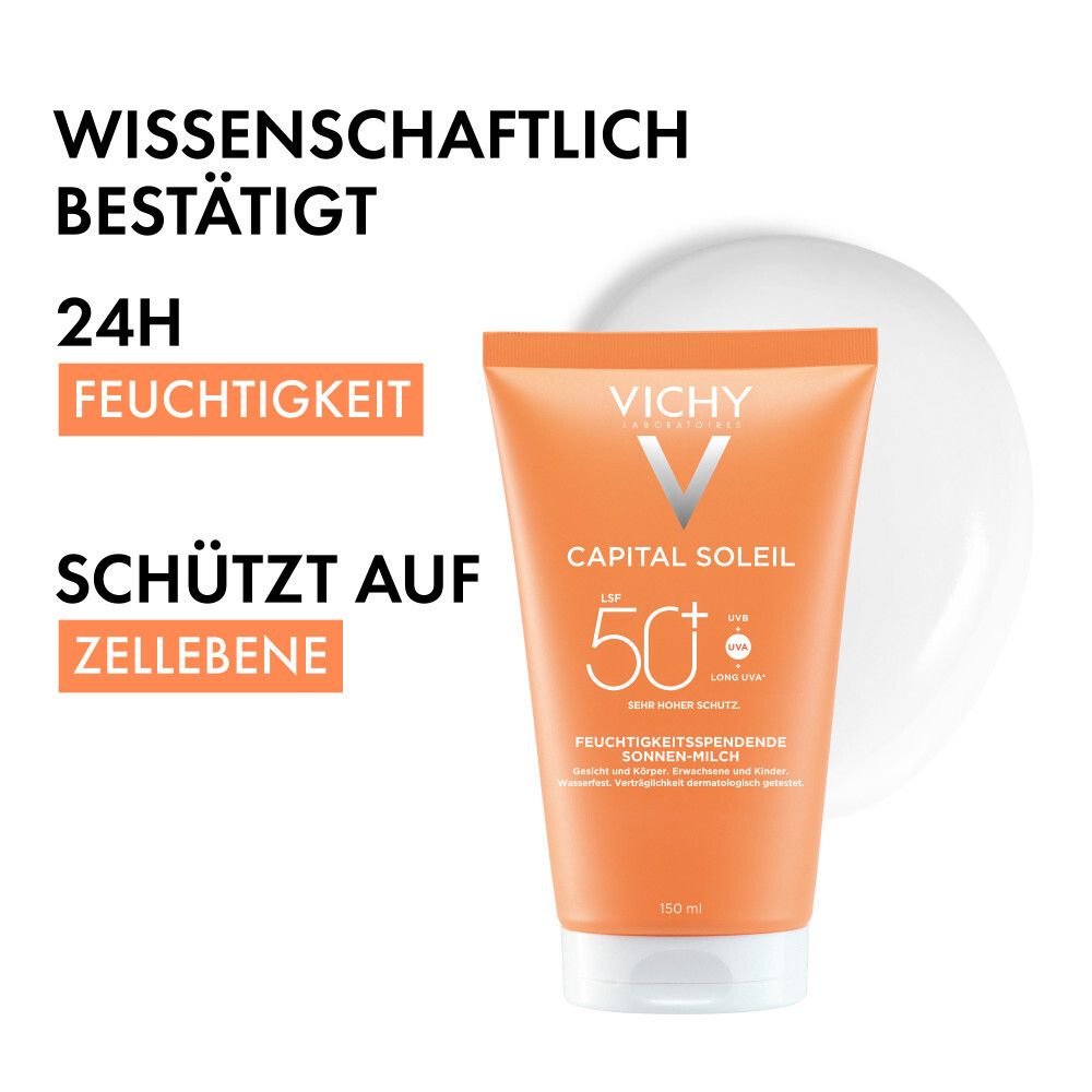 Tube de produit à côté d'une goutte blanche. Texte : Scientifiquement prouvé, 24h d'hydratation, protège au niveau cellulaire.