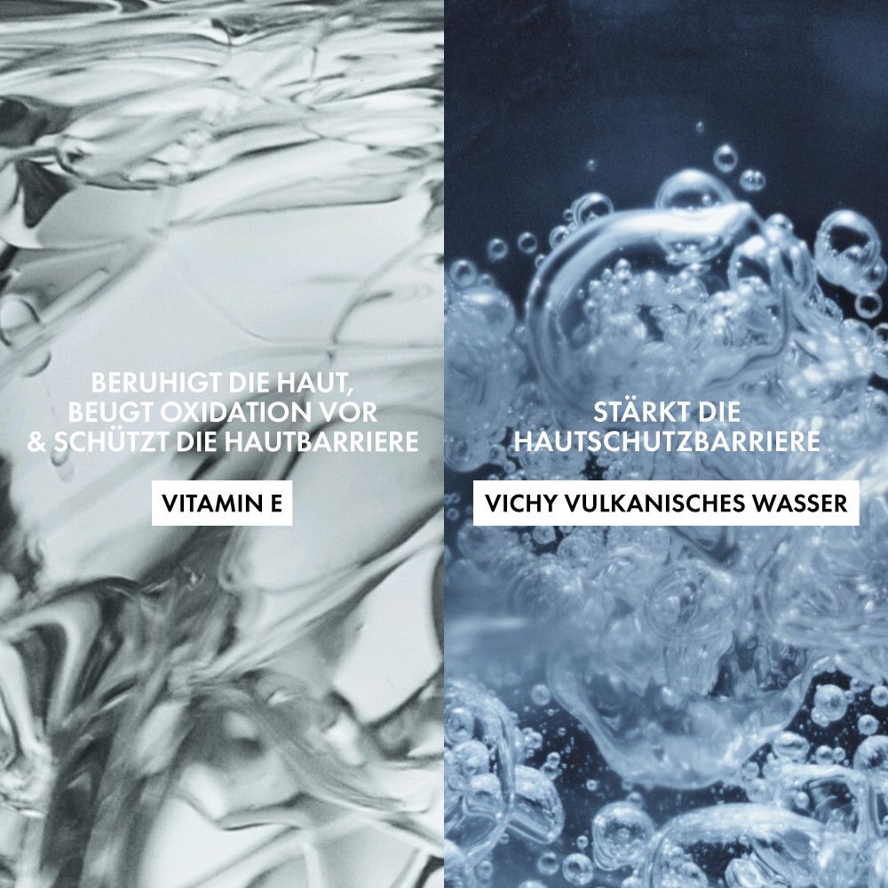 Deux images : eau avec textes. Gauche : Vitamine E. Droite : Eau volcanique Vichy. Apaise, renforce.
