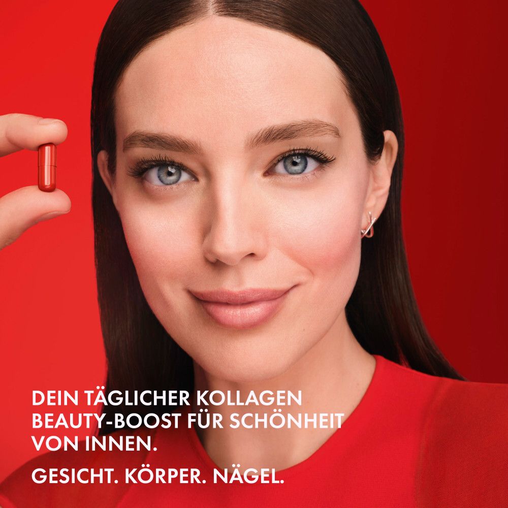 Eine Frau hält eine rote Kapsel. Text: Dein täglicher Kollagen Beauty-Boost für Schönheit von innen. Gesicht, Körper, Nägel.