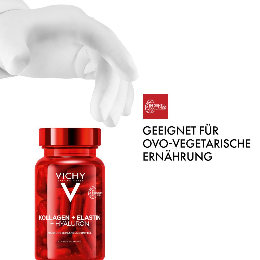 Eine Hand hält eine Flasche mit roten Kapseln. Text: Geeignet für ovo-vegetarische Ernährung. Vichy Kollagen + Elastin + Hyaluron.