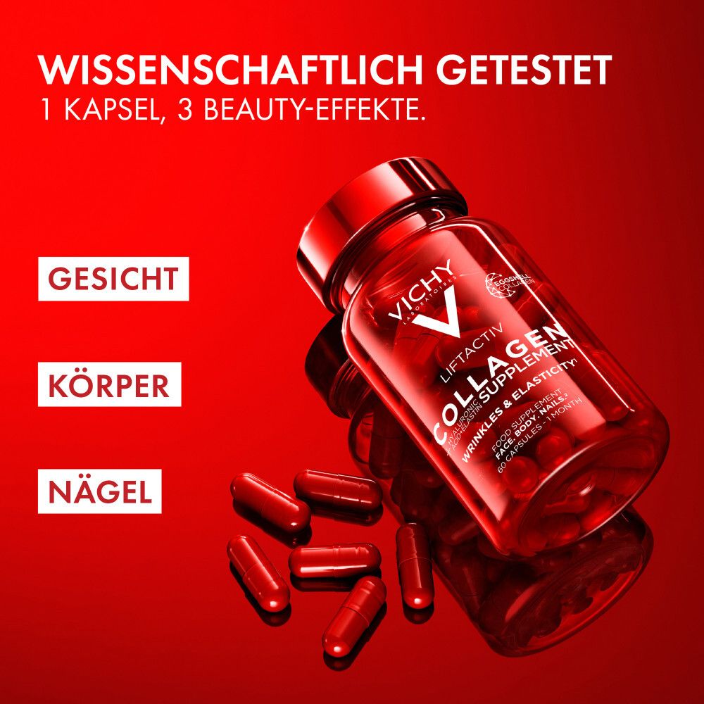 Rote Flasche mit Kapseln. Text: Wissenschaftlich getestet. 1 Kapsel, 3 Beauty-Effekte. Gesicht, Körper, Nägel. Vichy Liftactiv Kollagen Supplement.