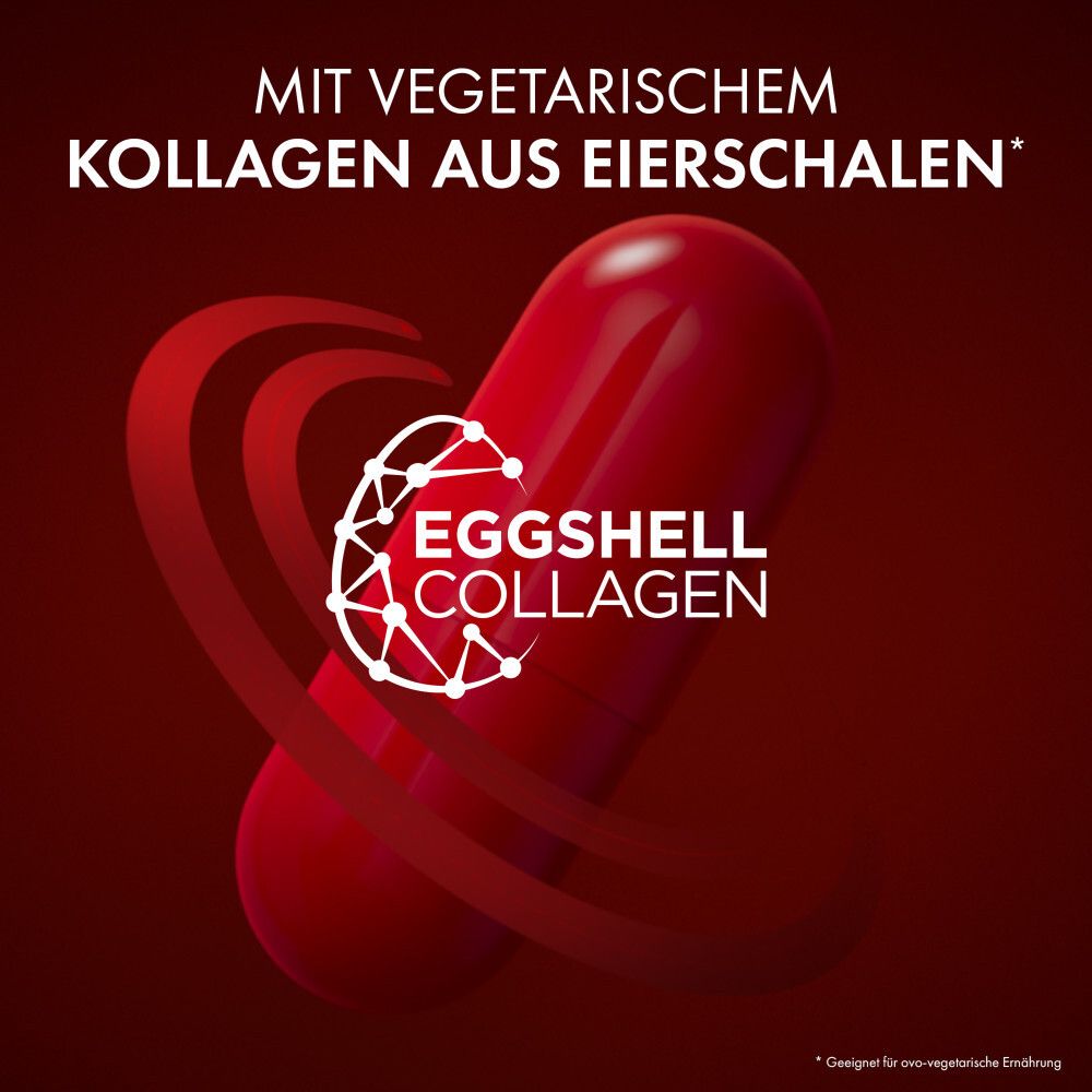 Rote Kapsel mit Text: Mit vegetarischem Kollagen aus Eierschalen. Eggshell Collagen.