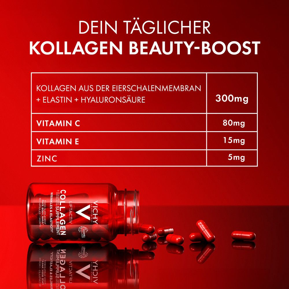 Tabelle mit Inhaltsstoffen: Kollagen, Elastin, Hyaluronsäure, Vitamin C, E, Zink. Flasche mit Kapseln.