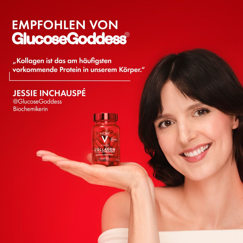 Frau hält Flasche mit Kapseln. Text: Empfohlen von GlucoseGoddess. Zitat: Kollagen ist das am häufigsten vorkommende Protein.