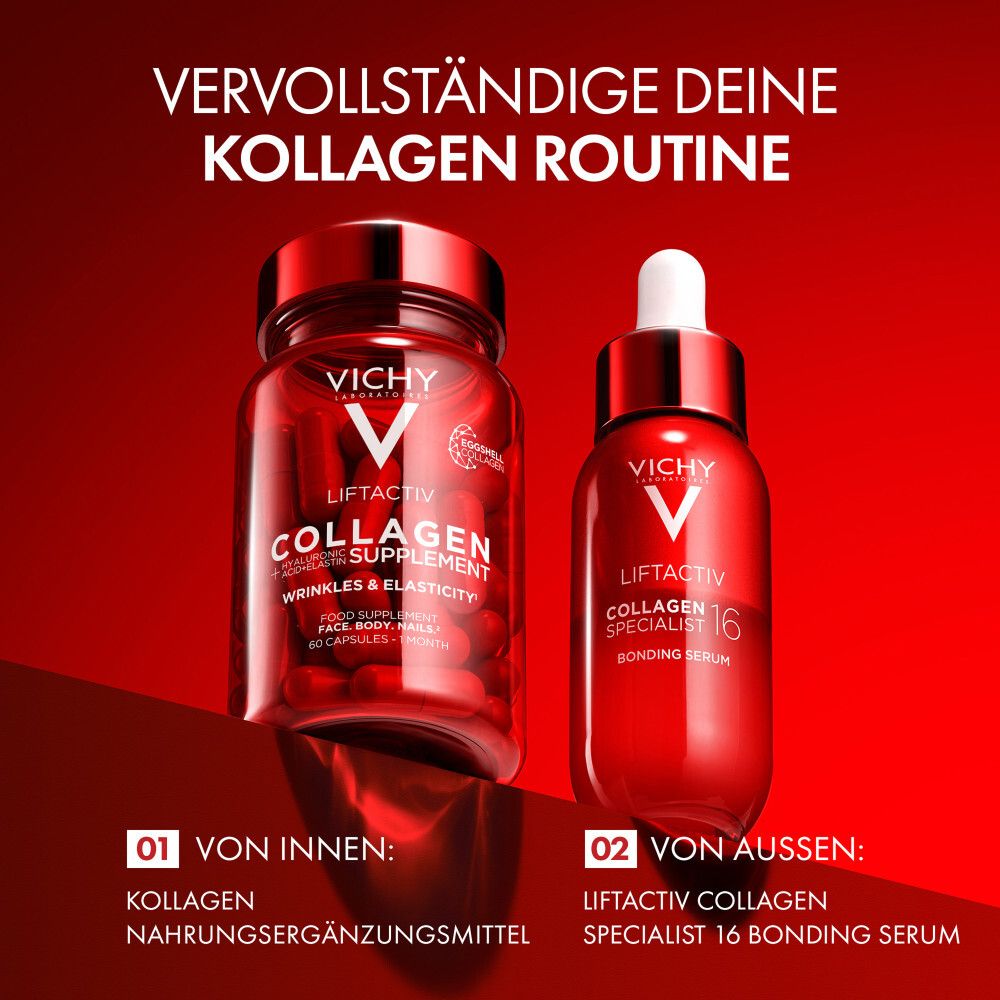 Zwei Flaschen: Kollagen Nahrungsergänzungsmittel und Spezialist 16 Bonding Serum. Text: Vervollständige deine Kollagen Routine.