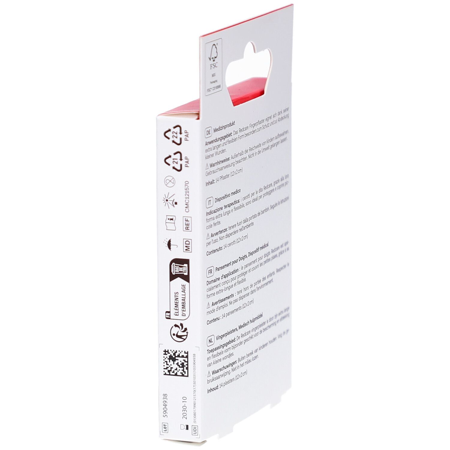 Dos de la boîte de pansements pour doigts. Texte en allemand, italien, français et néerlandais.