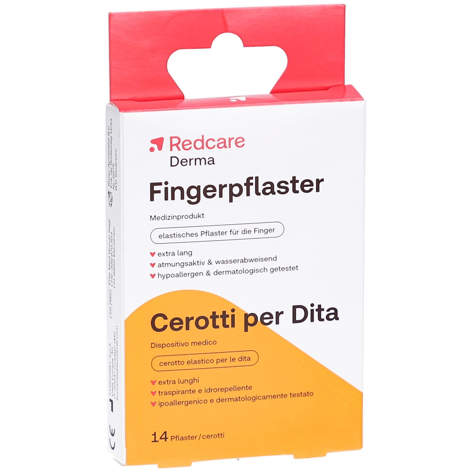 Boîte de pansements pour doigts Redcare Derma. Inscription : Fingerpflaster, Cerotti per Dita. Contient 14 pansements.