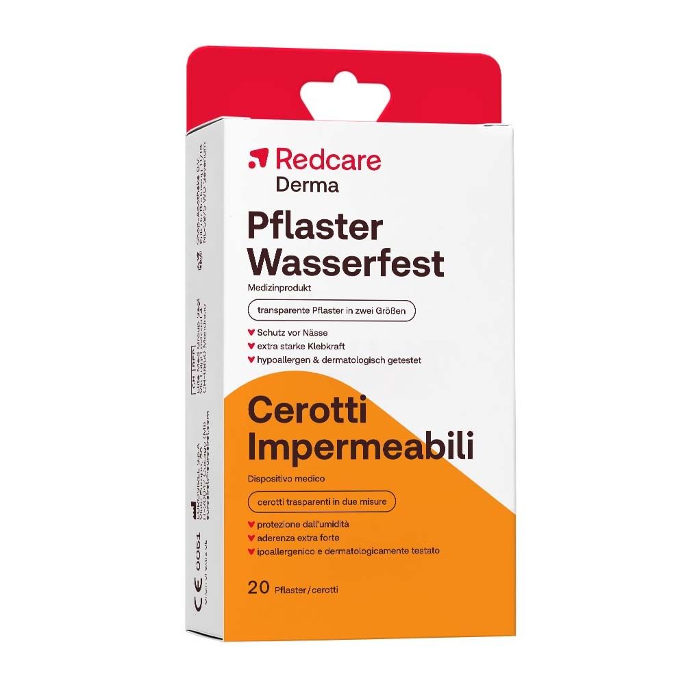 Verpackung von Redcare Derma Pflaster Wasserfest. Enthält 20 Pflaster. Text: Cerotti Impermeabili.