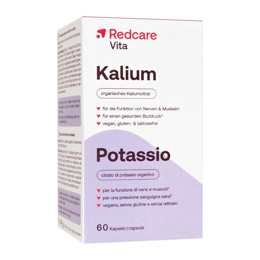Karton mit Aufschrift: Redcare Vita Kalium, Potassio, 60 Kapseln. Roter Deckel.