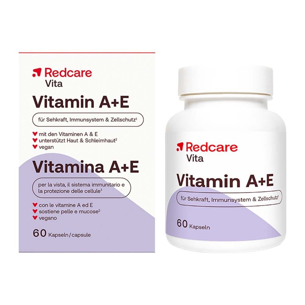 Flacon et boîte blancs Redcare Vita Vitamin A+E. Inscription: 60 capsules. Pour la vue, le système immunitaire et la protection cellulaire.