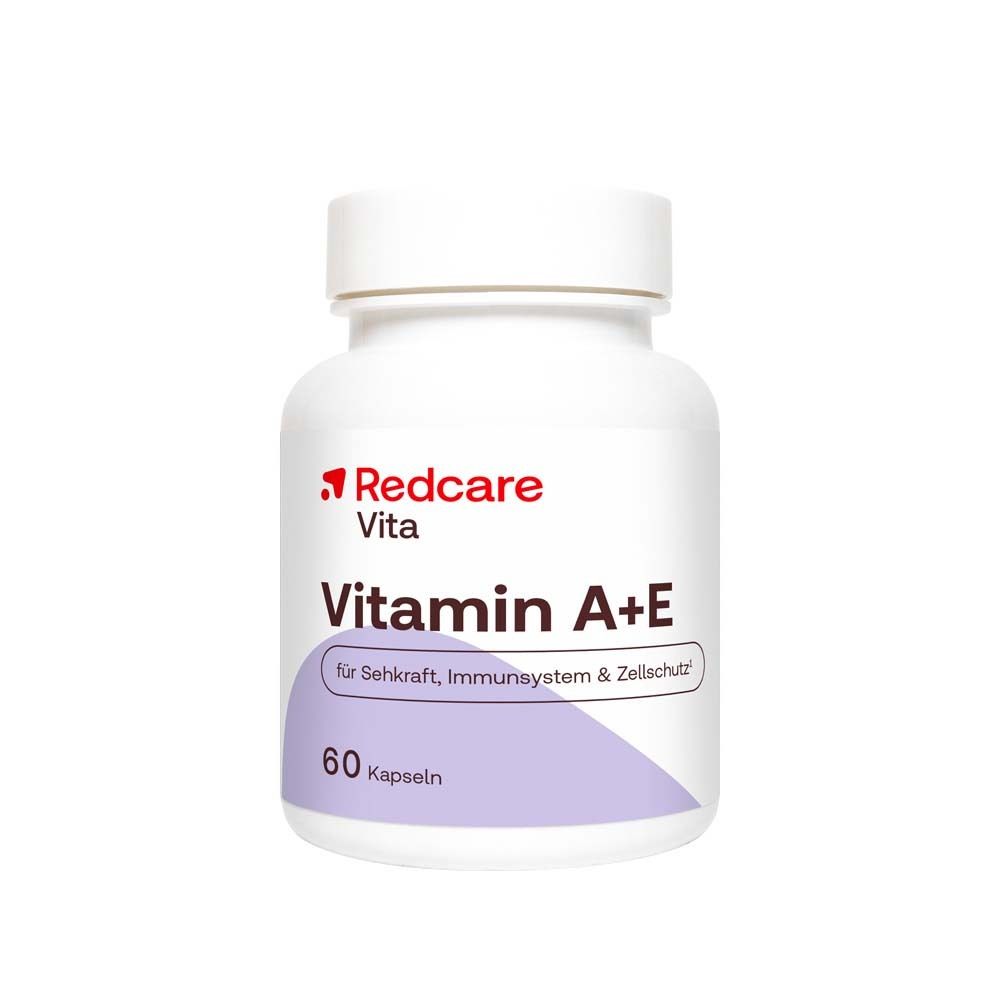Flacon blanc Redcare Vita Vitamin A+E. Inscription: 60 capsules. Pour la vue, le système immunitaire et la protection cellulaire.