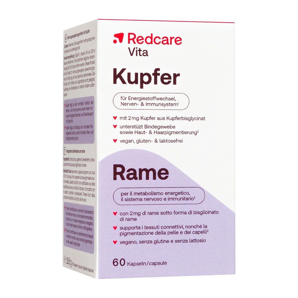 Rückseite der Redcare Vita Kupfer Verpackung mit 60 Kapseln.