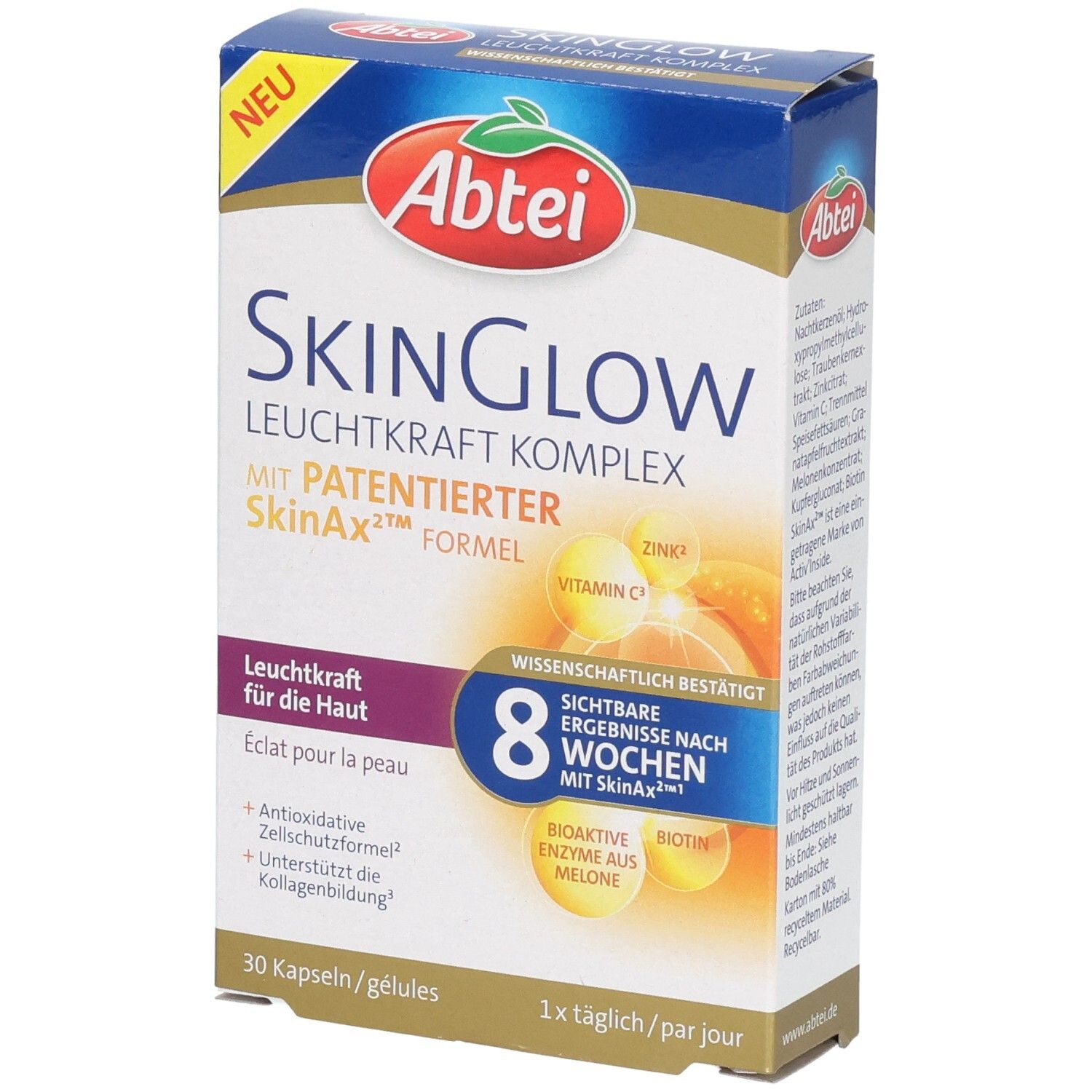 Abtei SkinGlow Komplex Kapseln Packung mit 30 Stück. Vorderseite mit Produktnamen und Hinweisen zu Inhaltsstoffen.
