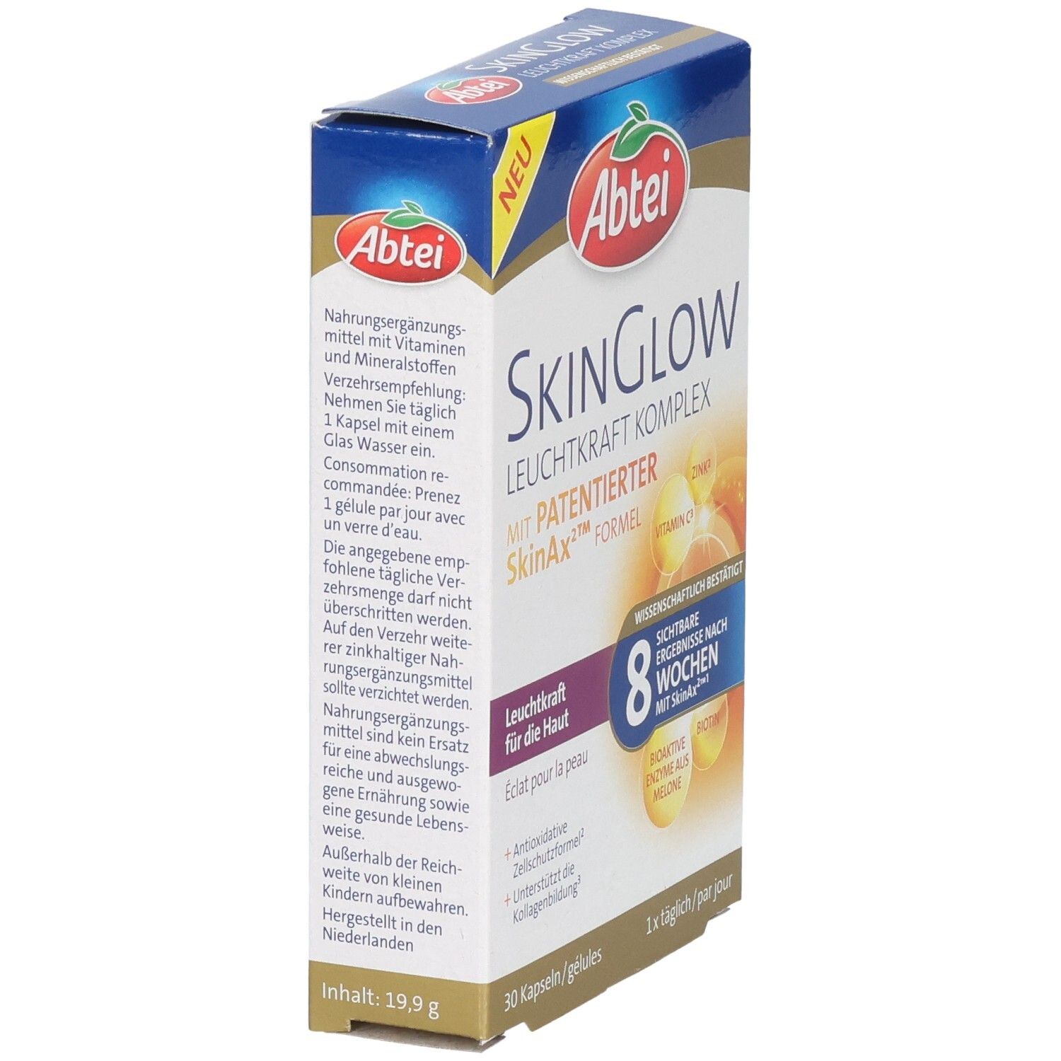 Abtei SkinGlow Komplex Kapseln Packung von der Seite. Enthält Anwendungshinweise und Inhaltsangaben.