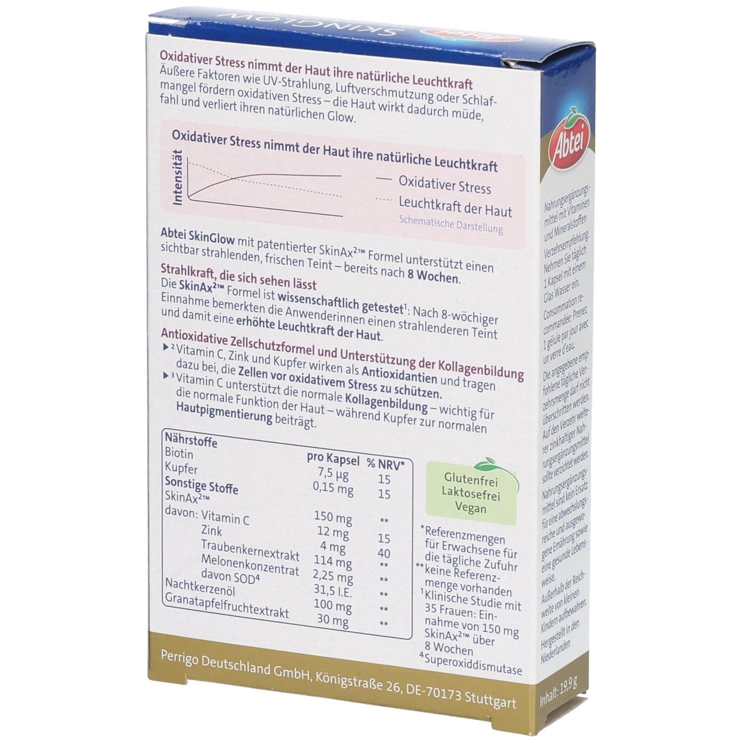 Rückseite der Abtei SkinGlow Komplex Kapseln Packung. Zeigt Informationen zu Inhaltsstoffen und wissenschaftlichen Studien.