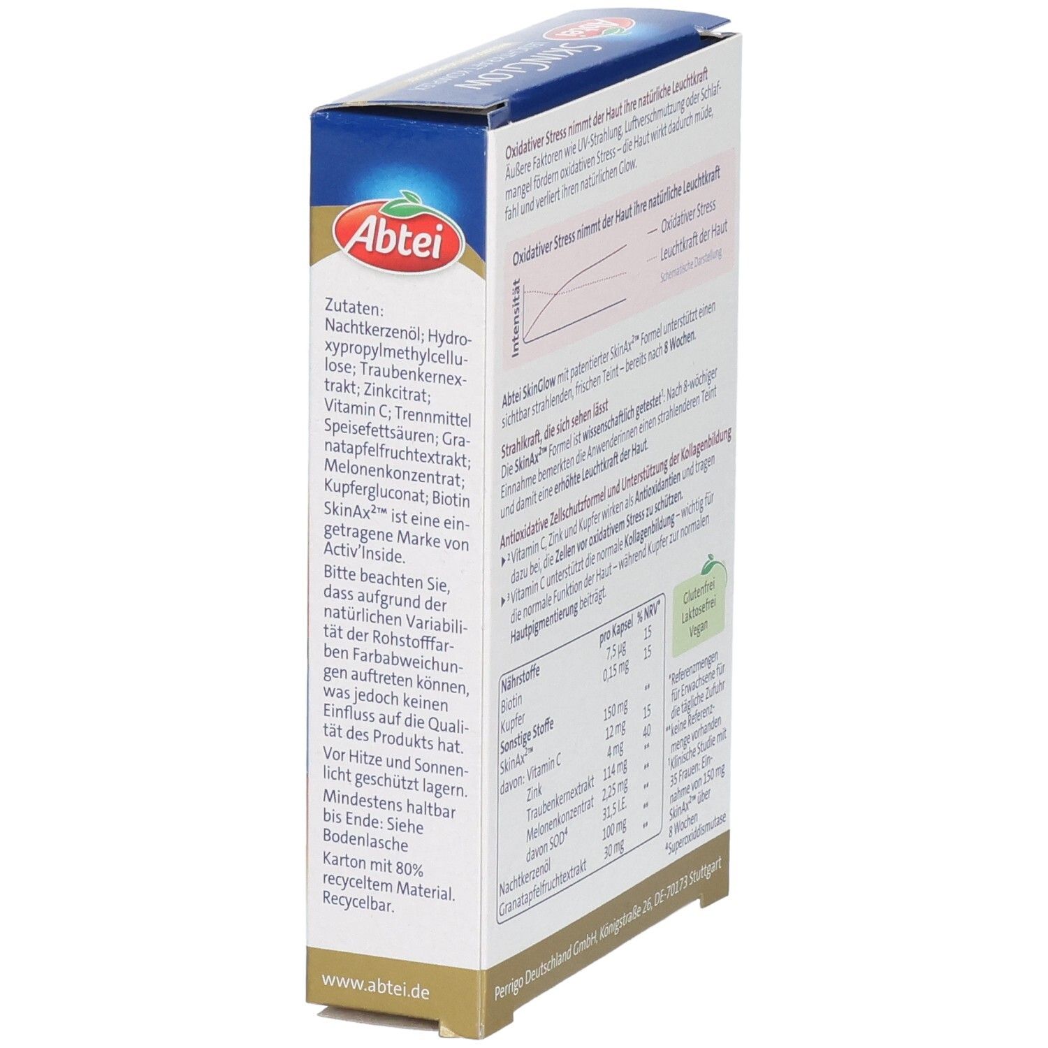 Seitenansicht der Abtei SkinGlow Komplex Kapseln Packung. Enthält detaillierte Inhaltsstoffangaben und Anwendungshinweise.