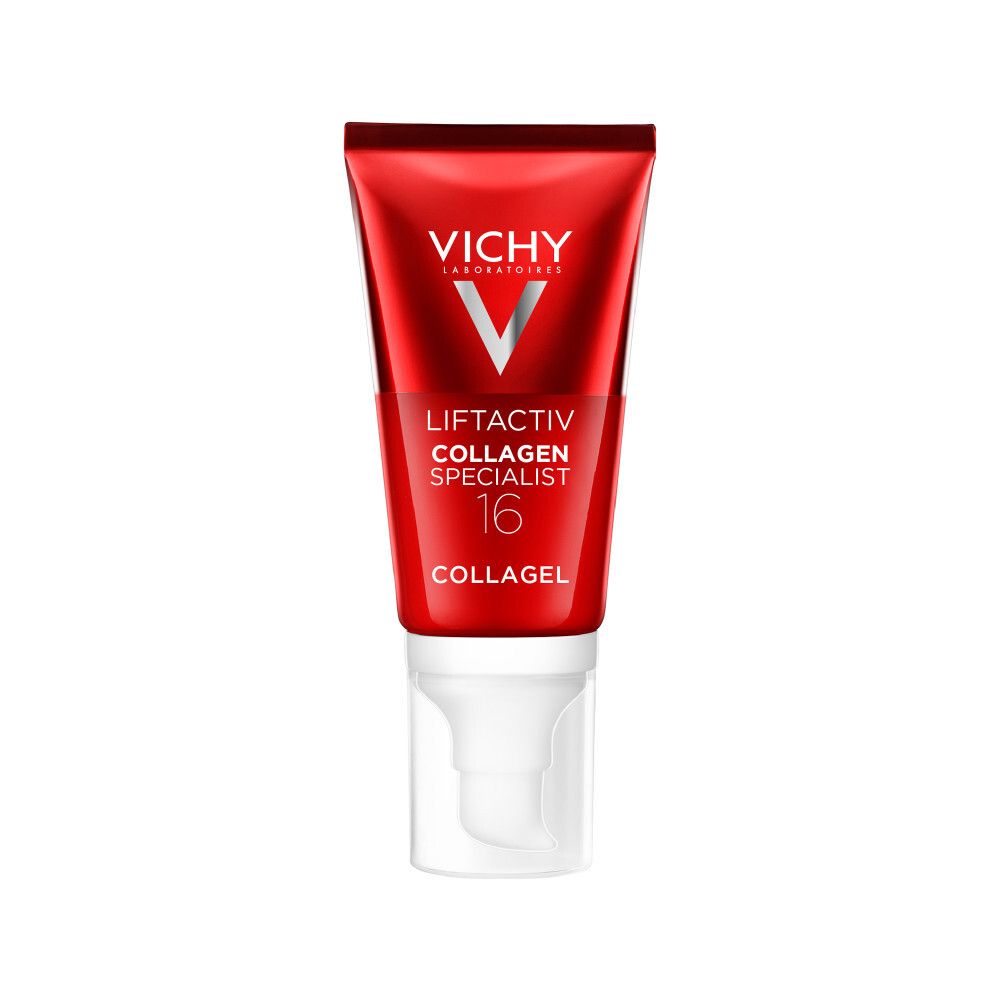 Tube rouge avec distributeur blanc. Vichy Liftactiv Collagen Specialist 16. Collagène gel.