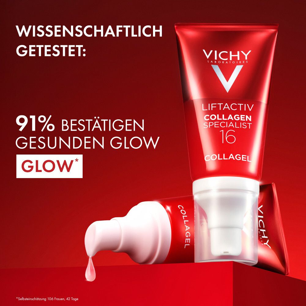 Tubes rouges avec produit. Texte : 91% confirment un éclat sain. Vichy Liftactiv Collagen Specialist 16.