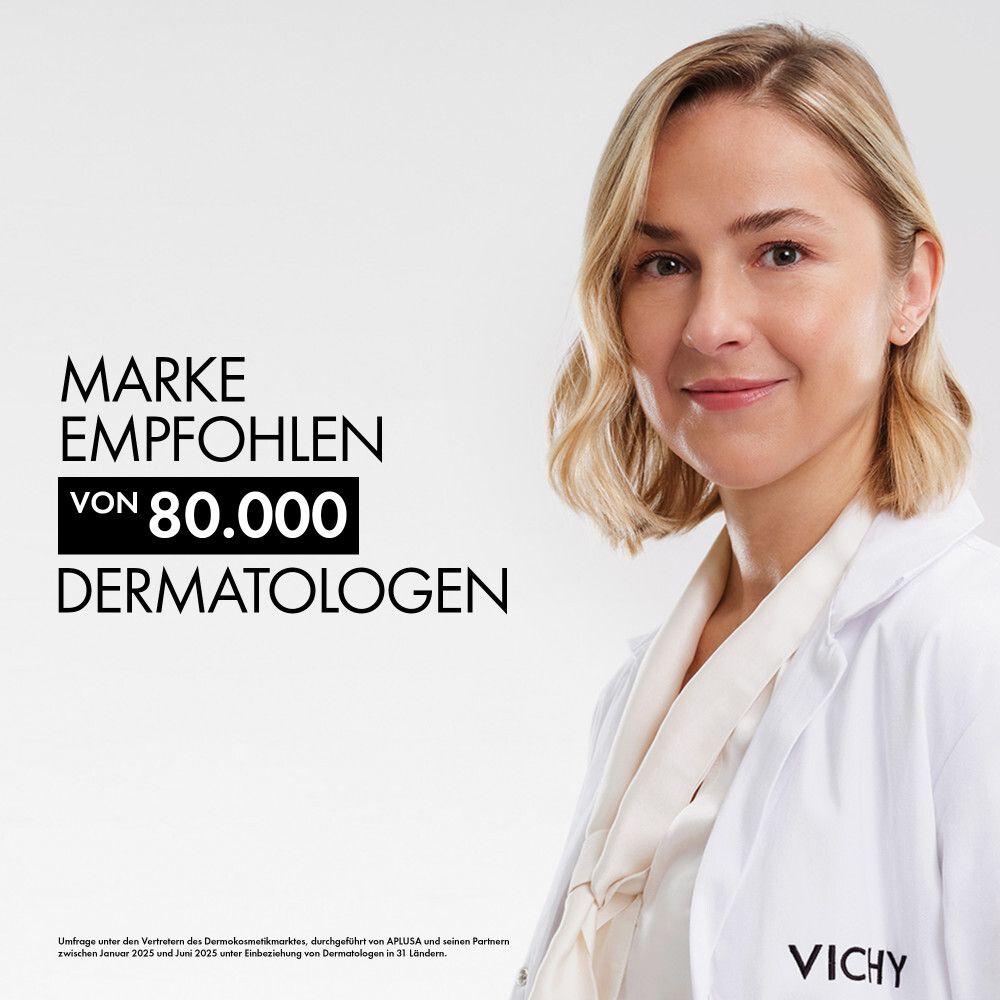 Femme en blouse blanche. Texte : Marque recommandée par 80 000 dermatologues. Vichy.