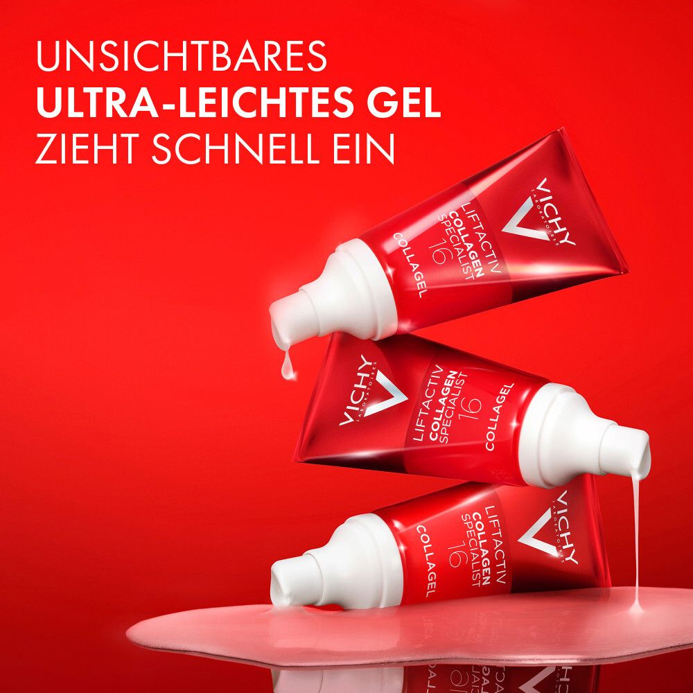 Trois tubes avec produit. Texte : Gel ultra-léger invisible qui pénètre rapidement. Vichy Liftactiv Collagen Specialist 16.