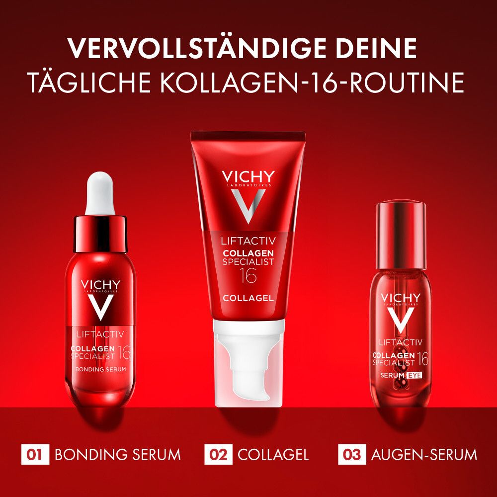 Trois produits. 01 Sérum Bonding, 02 Collagène gel, 03 Sérum yeux. Vichy Liftactiv Collagen Specialist 16.