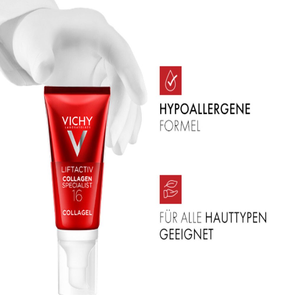 Main tenant un tube. Texte : Formule hypoallergénique. Convient à tous les types de peau. Vichy Liftactiv Collagen Specialist 16.
