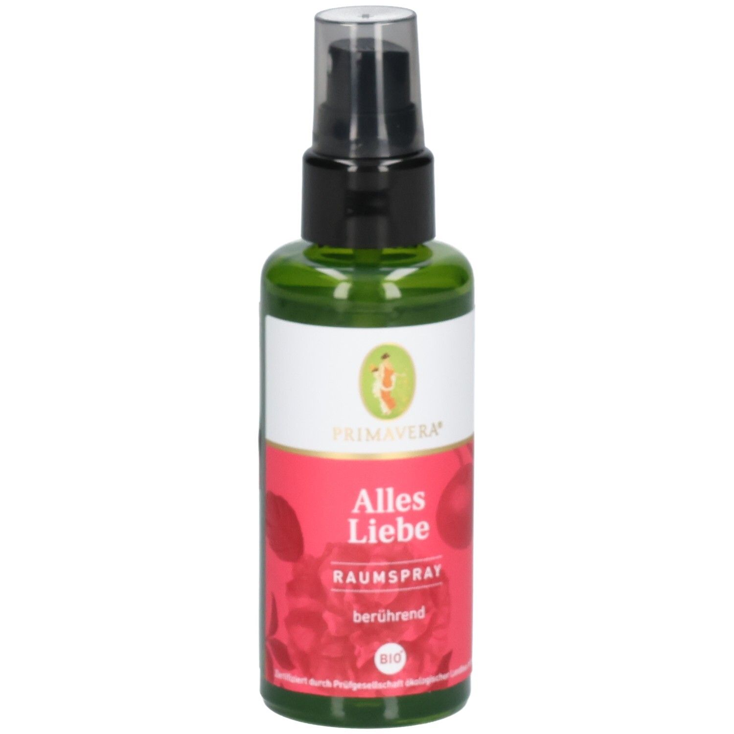 PRIMAVERA Alles Liebe Raumspray bio* dans un flacon pulvérisateur vert avec un atomiseur noir.