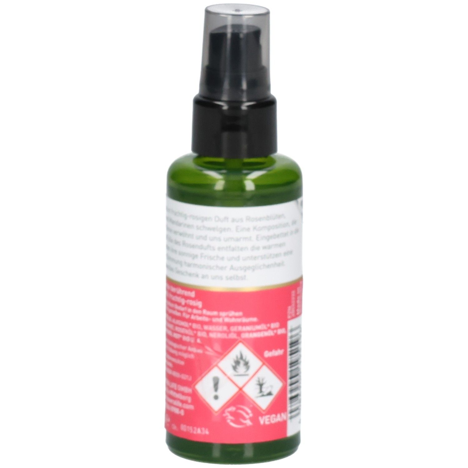 Vue latérale du PRIMAVERA Alles Liebe Raumspray bio* avec symboles d'avertissement et sceau BIO.