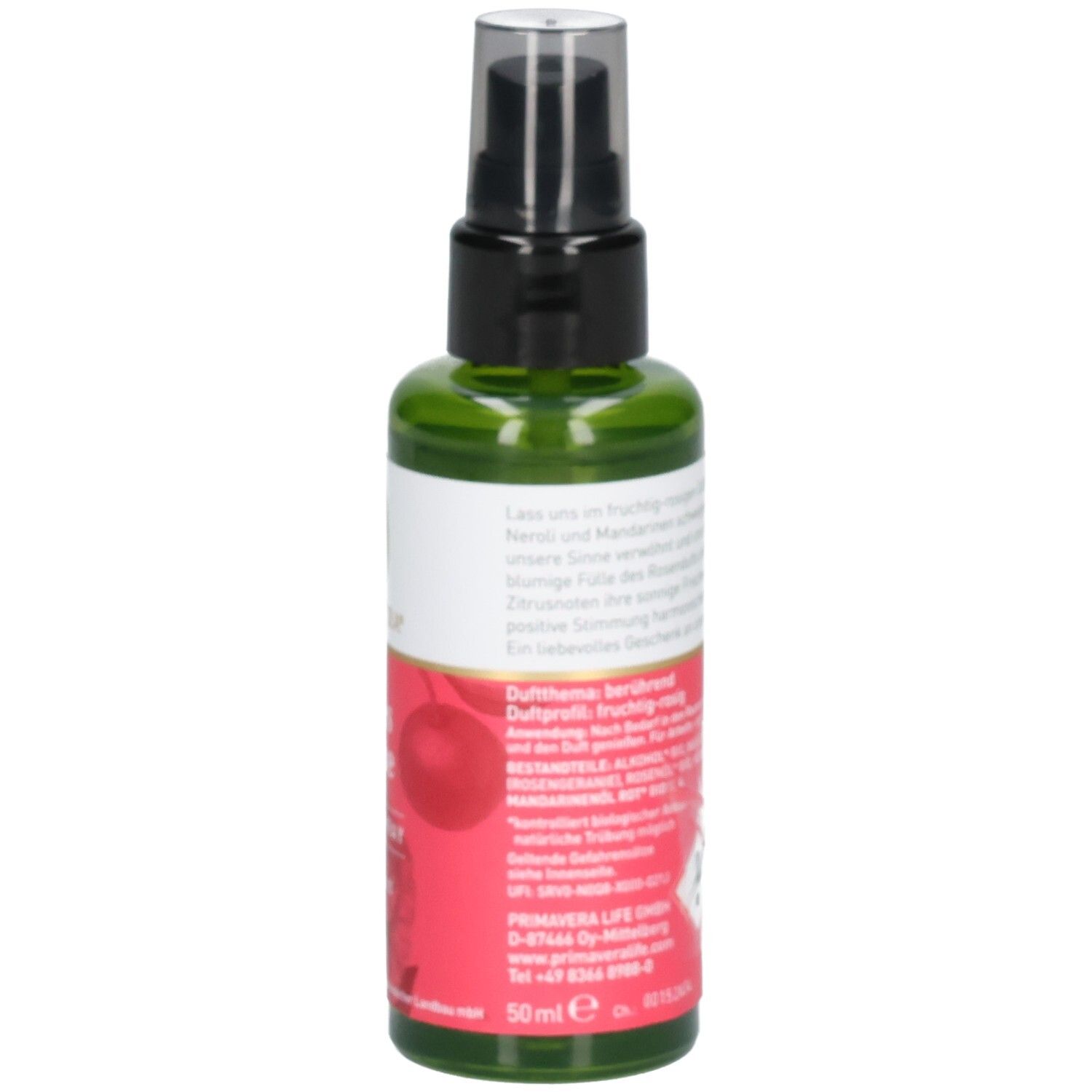 Gros plan de l'étiquette du PRIMAVERA Alles Liebe Raumspray bio* avec ingrédients et indication de volume.