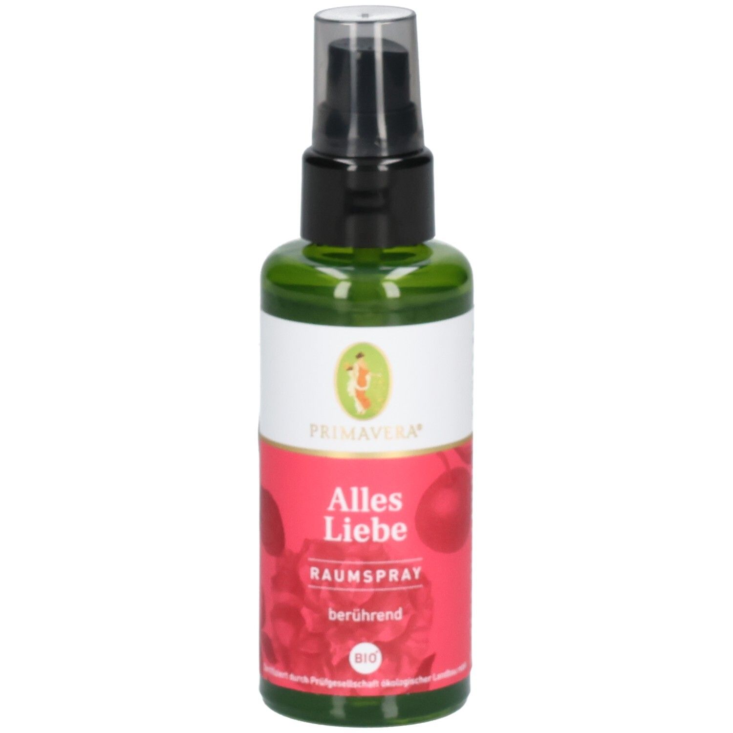 PRIMAVERA Alles Liebe Raumspray bio* en flacon vert, étiquette avec motif de rose et sceau BIO.