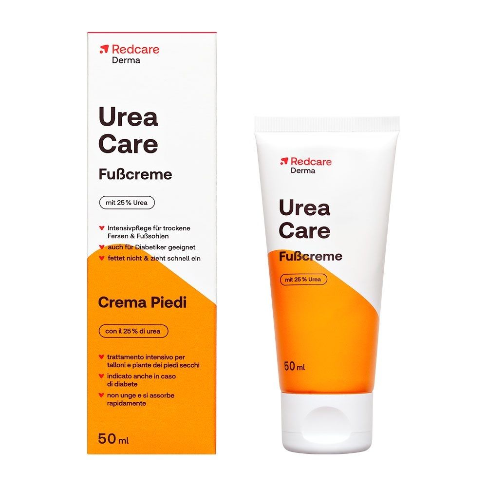 Redcare Urea Care Fußcreme 50ml: Kartonverpackung und weiße Tube mit orangefarbenem Design.