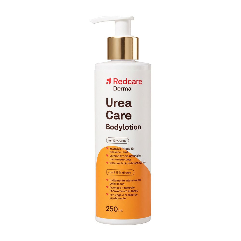 Weiße Tube mit roter Aufschrift Redcare Derma Urea Care Bodylotion. Orangefarbener Bereich mit Text. 250ml.