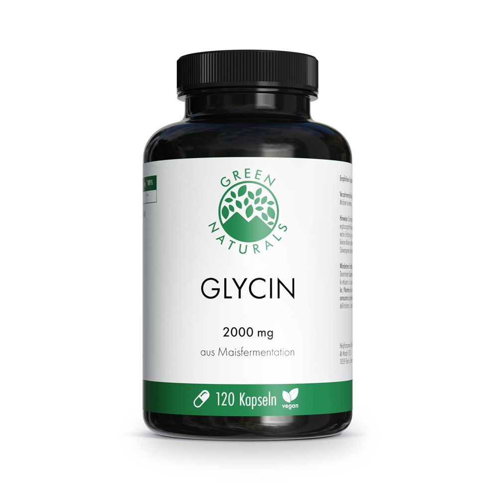 Flacon noir avec étiquette blanche. Inscription : GREEN NATURALS Glycin 2000 mg, 120 gélules, vegan.